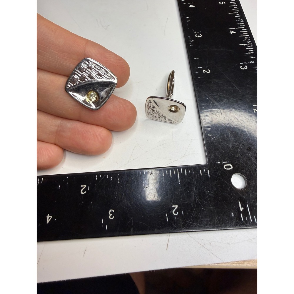 Silver Tone Basketweave Rhinestone Square Cufflinks Formal Mens Jewelry